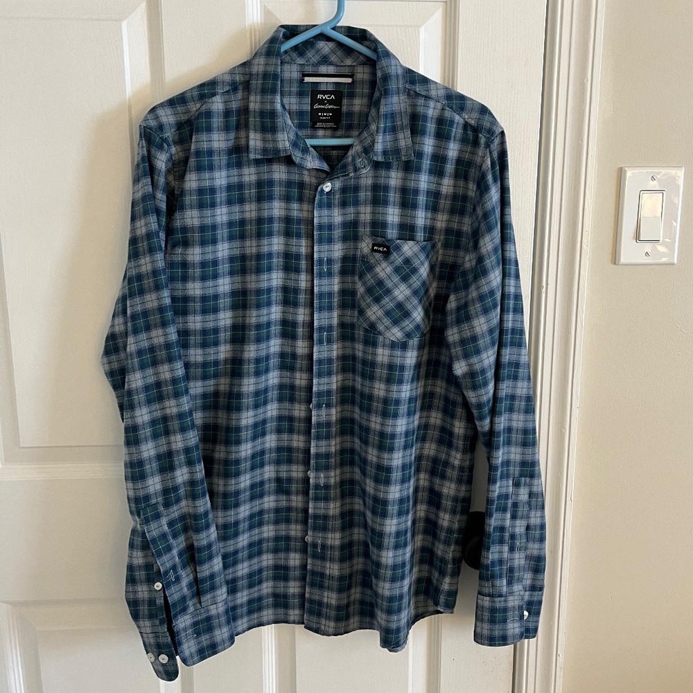 Men’s Light Flannel RVCA Slim Fit Blue Plaid Shirt Size M